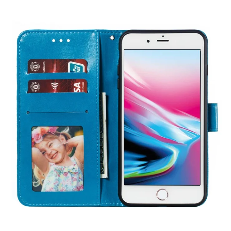 Imprint Mandala Flower Wallet Stand Flip Leather Case with Strap for iPhone 8 Plus/7 Plus 5.5 inch - Blue