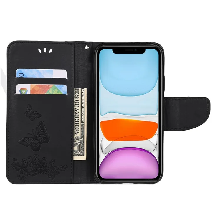 Imprint Butterfly Flower Leather Wallet Case for iPhone 11 6.1 inch (2019) with Foldable Stand - Black