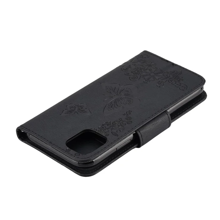 Imprint Butterfly Flower Leather Wallet Case for iPhone 11 6.1 inch (2019) with Foldable Stand - Black