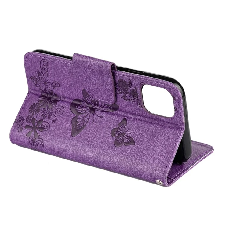 Imprint Butterfly Flower Leather Wallet Case for iPhone 11 6.1 inch (2019) with Foldable Stand - Purple