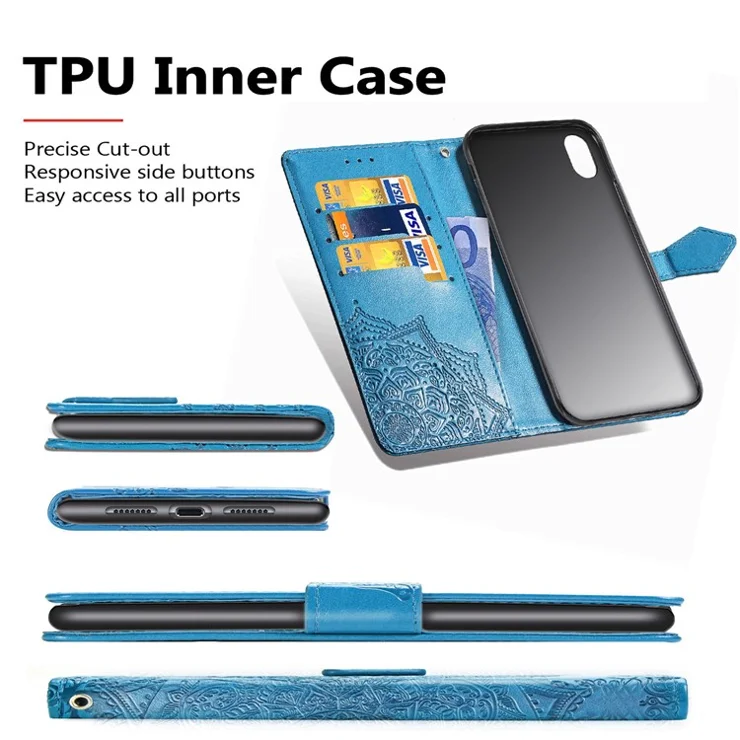 Embossed Mandala Flower Leather Wallet Case for iPhone SE (2020)/SE (2022)/8/7 - Blue
