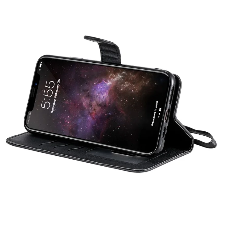 For iPhone 11 Pro Max Case 2 in 1 Detachable Magnetic Leather Wallet Mobile Cover with Strap - Black