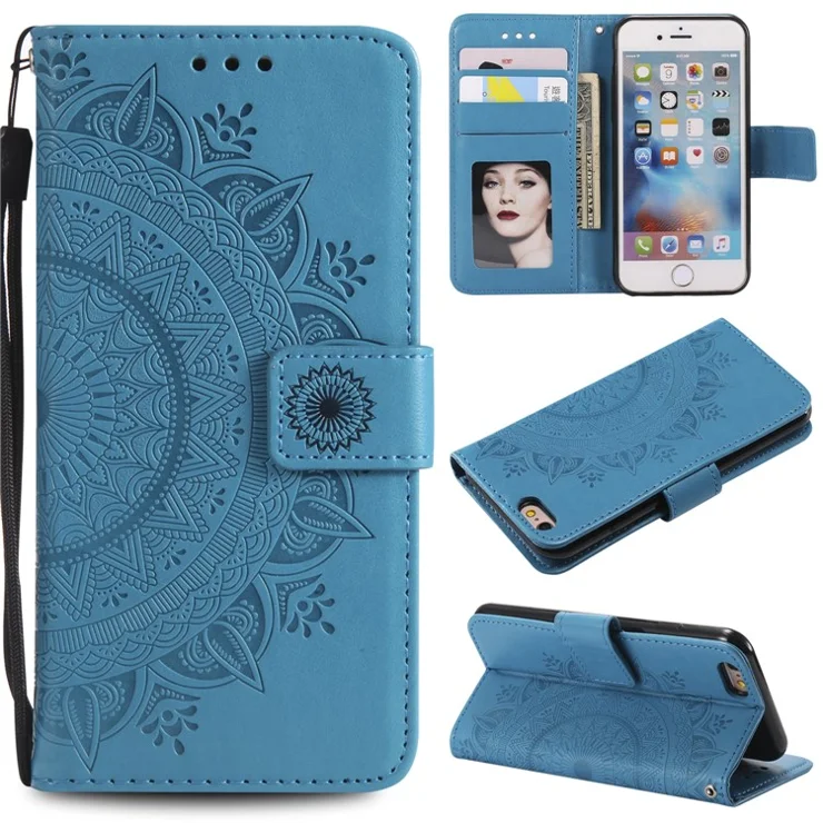 Imprint Flower Leather Wallet Case for iPhone 6s/6 4.7-inch - Blue