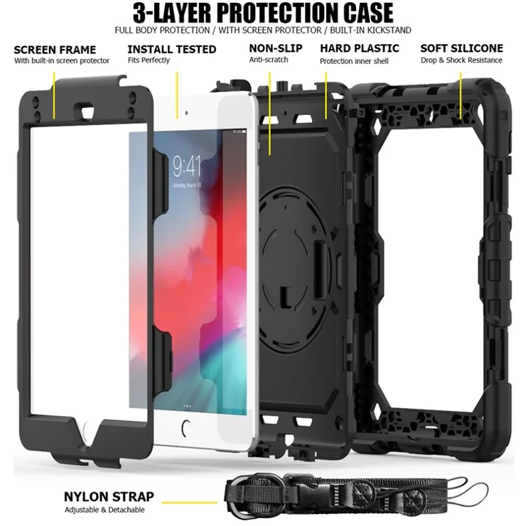 360° Swivel Handy Strap PC Silicone Kickstand Case with Shoulder Strap + Screen Protector for iPad mini (2019) 7.9 inch / mini 4 - Black