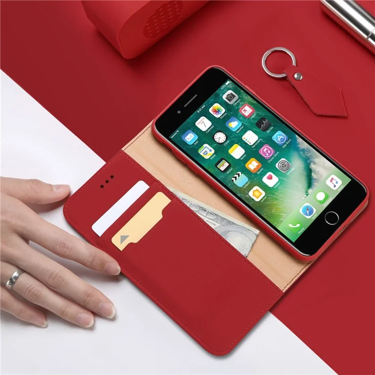 DUX DUCIS Wish Series for iPhone SE (2020) / (2022) Wallet Stand Genuine Leather Cover (CNAS / CMA Certified) - Red