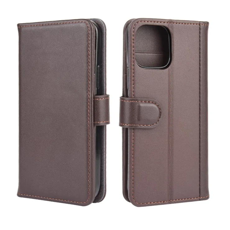 For iPhone 12 Phone Cases Genuine Split Leather Wallet Mobile Cover Stand - Brown