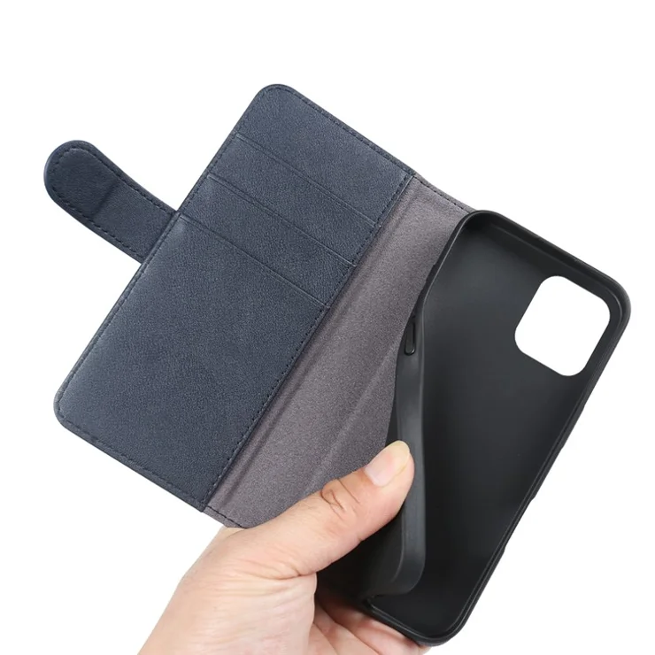 For iPhone 12 Phone Cases Genuine Split Leather Wallet Mobile Cover Stand - Blue