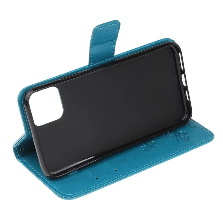 Imprint Butterfly Flowers Leather Wallet Phone Case for iPhone 12 - Blue