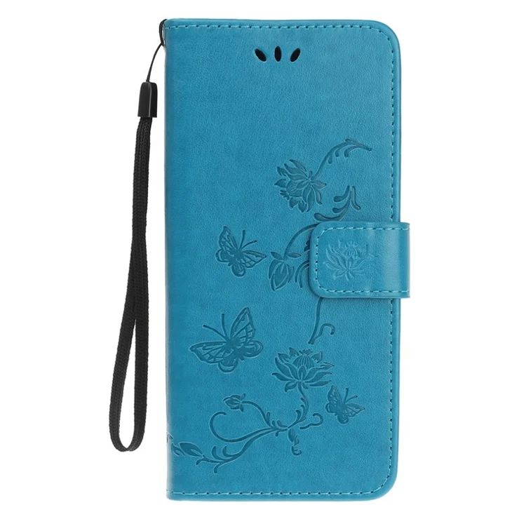 Imprint Butterfly Flowers Leather Wallet Phone Cover for iPhone 12 Pro 6.1 inch - Blue