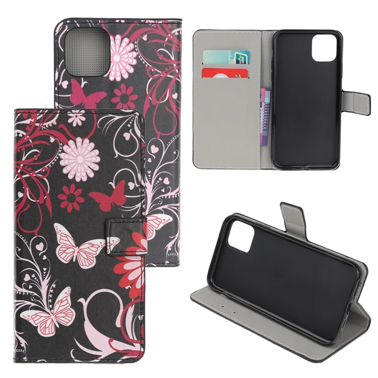 Pattern Printing Leather Wallet Case for iPhone 12 mini - Butterfly Flower