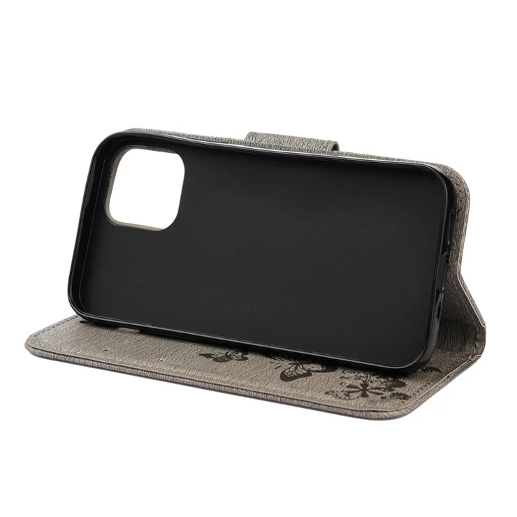 Imprint Flower Butterfly Leather Wallet Case for iPhone 12 Pro/12 - Grey
