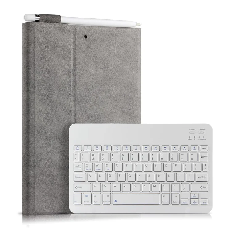 Bluetooth-compatible Keyboard Leather Stand Shell Case for iPad 9.7-inch (2018) - Grey / White