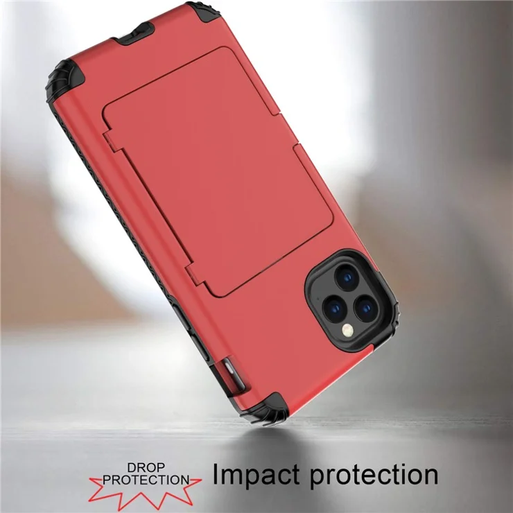 Heavy Duty 3 in 1 PC+TPU Hybrid Shockproof Case with Card Holder Mirror for iPhone 11 Pro 5.8 inch - Red