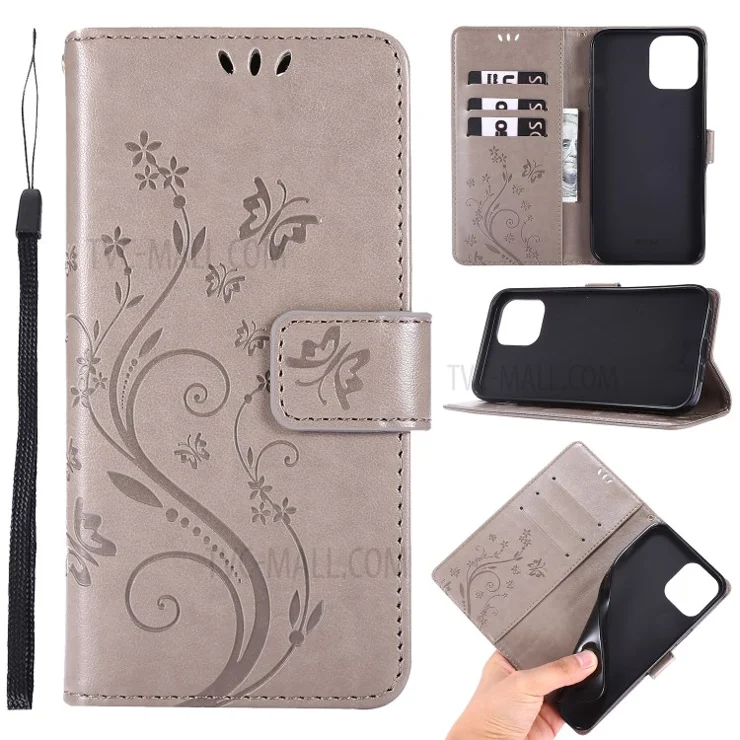 Imprint Butterfly Flower Cover Leather Wallet Case for iPhone 12 Pro Max 6.7-inch - Grey