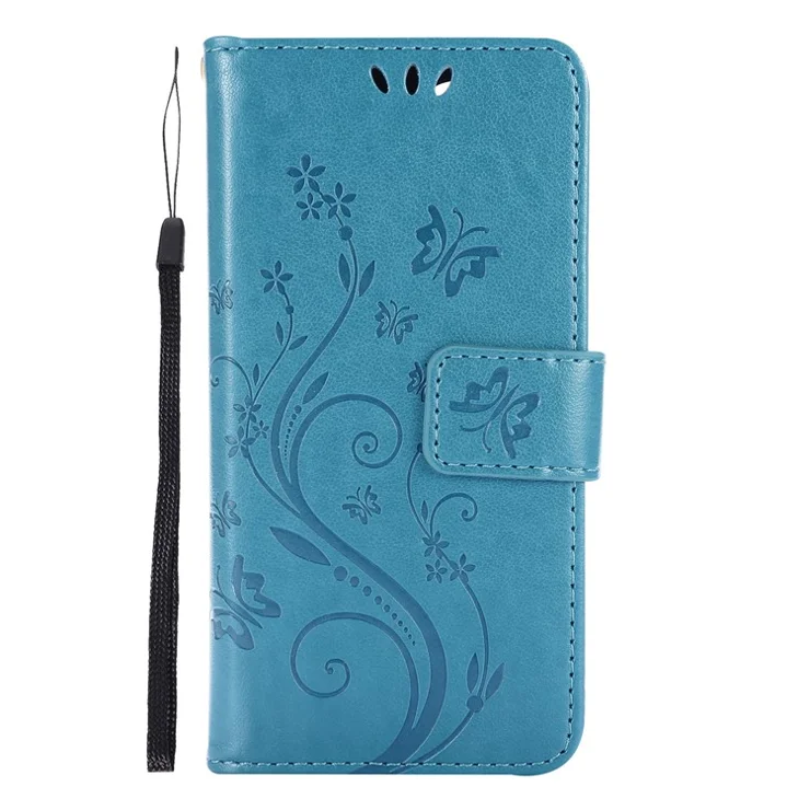 Imprint Butterfly Flower Leather Case with Strap for iPhone 12 mini - Blue
