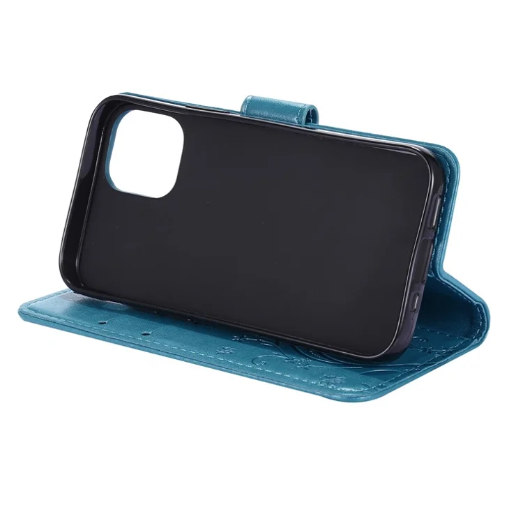Imprint Butterfly Flower Leather Case with Strap for iPhone 12 mini - Blue