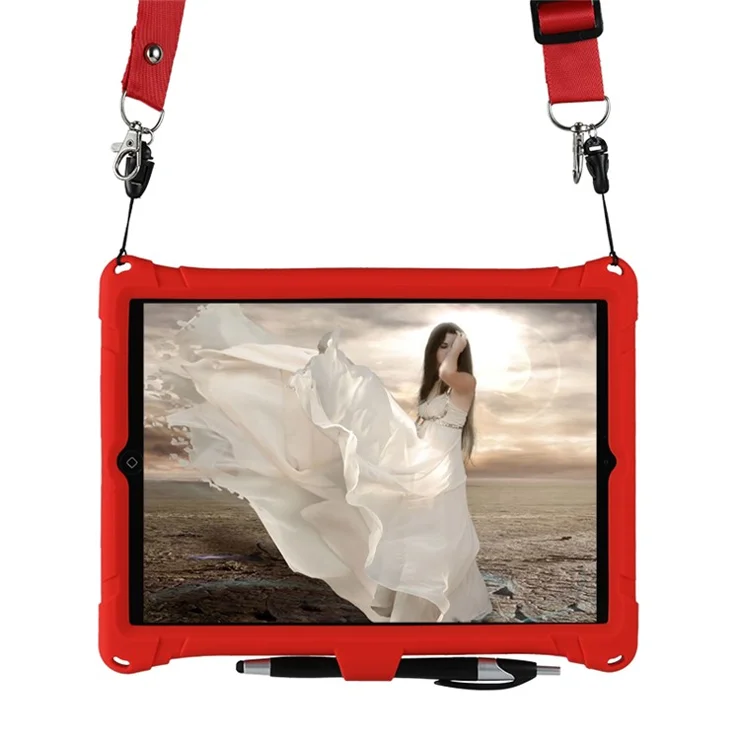 Kickstand PC Soft Silicone Case with Hanging Rope for Apple iPad 9.7-inch (2018)/ iPad 9.7-inch (2017) / iPad 5 / iPad 6 - Red