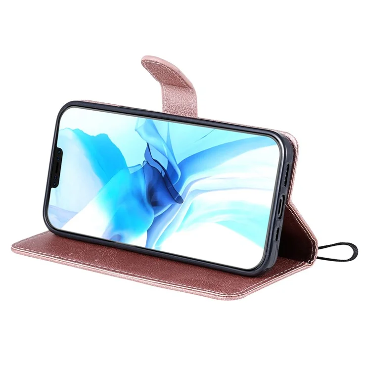 For iPhone 12 Pro Case Solid Color Leather Mobile Cover Wallet Stand with Strap - Rose Gold