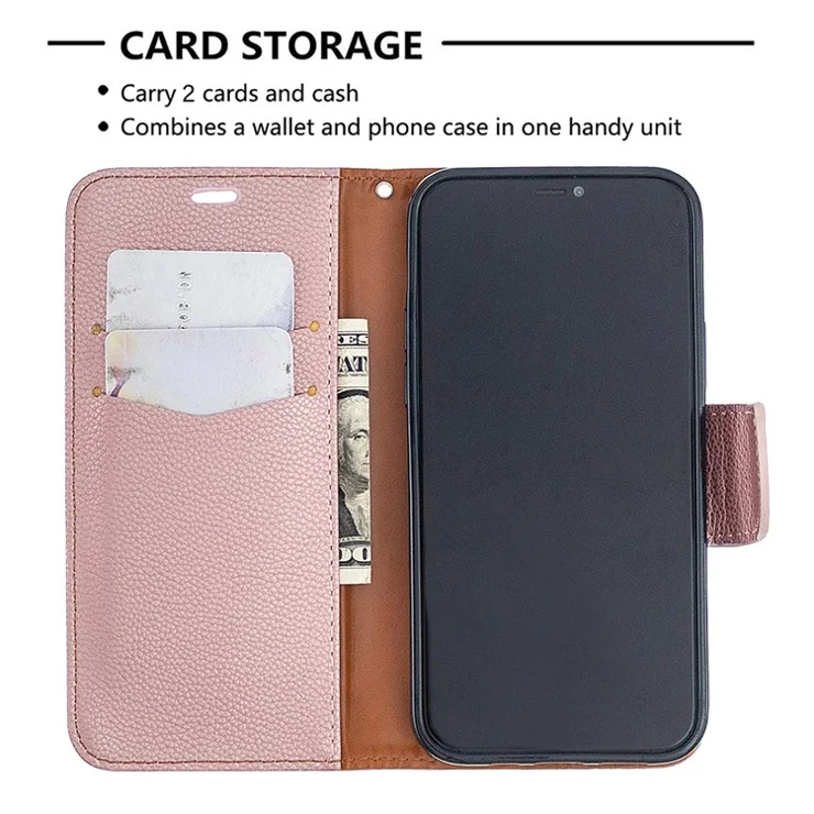 Litchi Surface with Wallet Leather Stand Case for iPhone 12 Pro/12 - Rose Gold