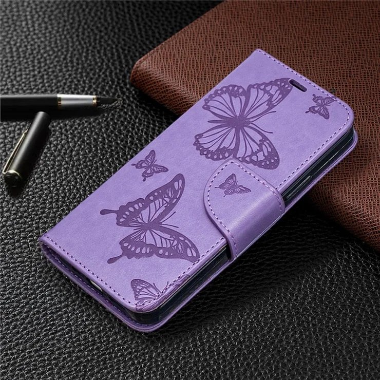 Imprint Butterfly with Wallet Leather Stand Case for iPhone 12 Pro / 12 - Purple