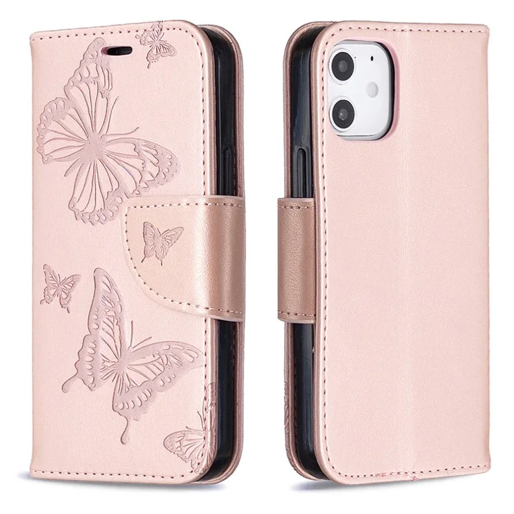 Imprint Butterfly Wallet Leather Stand Case for iPhone 12 mini 5.4 inch - Rose Gold