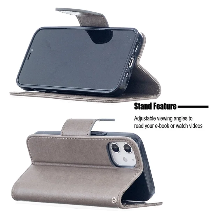 Imprint Butterfly Wallet Leather Stand Case for iPhone 12 mini 5.4 inch - Grey