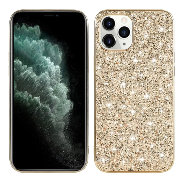 Glittering Sequins Plated TPU Frame + PC Hybrid Shell Case for iPhone 12 Pro/12 - Gold