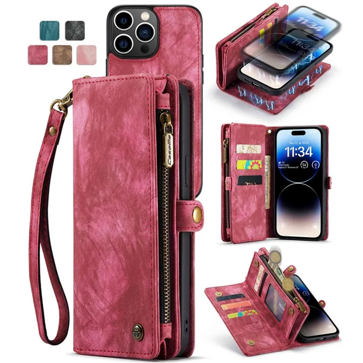 CASEME 008 Series Kickstand Zipper 2-in-1 Detachable Wallet PU Leather Case for iPhone 12 Pro Max 6.7-inch - Red