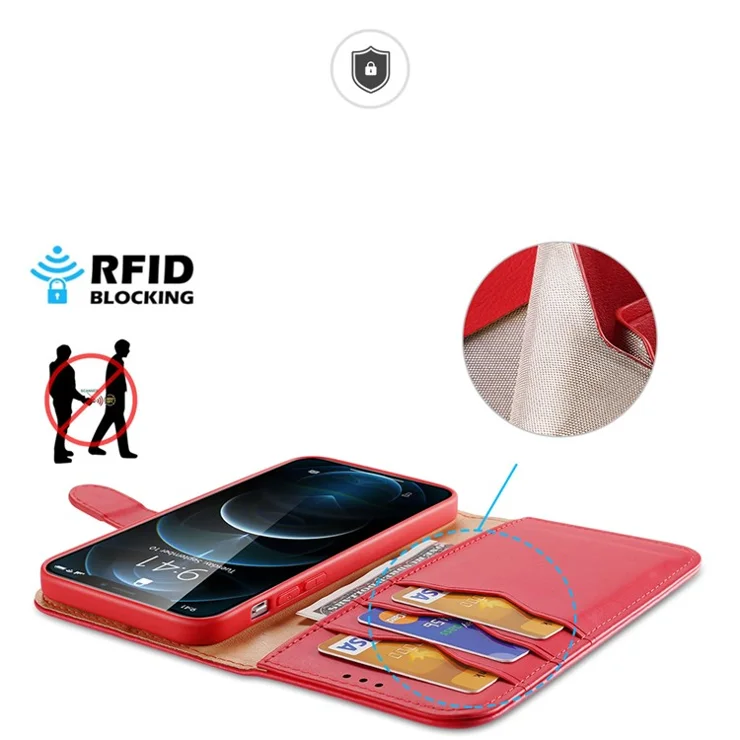 DUX DUCIS Hivo Genuine Flip Leather Phone Cover Shell for iPhone 12 Pro Max - Red