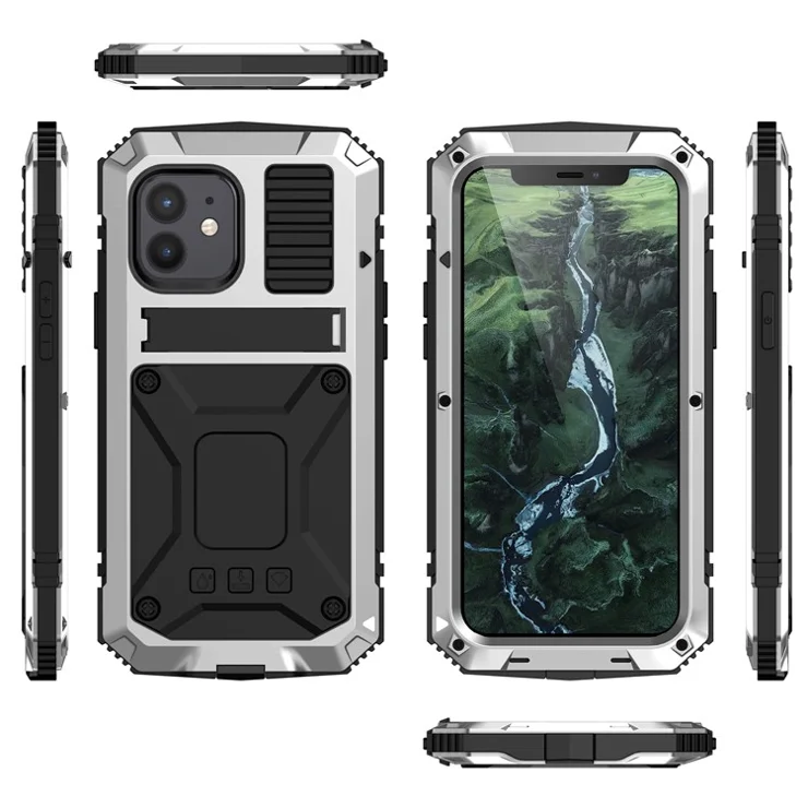 R-JUST Shockproof Dustproof Waterproof Protector Cover for iPhone 12 mini Kickstand Shell - Silver