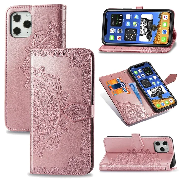 Embossed Mandala Flower Leather Wallet Stand Case for iPhone 12 Pro Max - Rose Gold