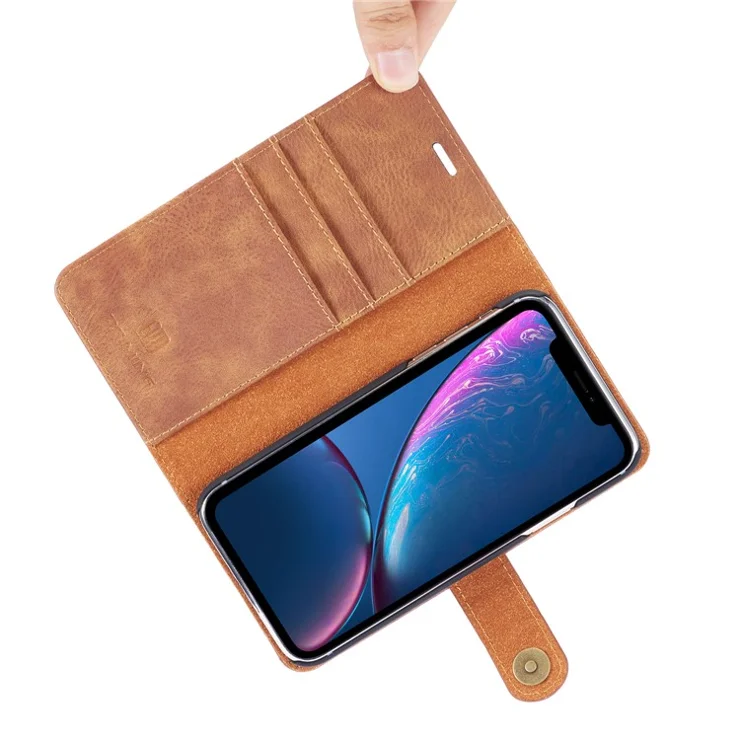 DG.MING Split Leather Wallet Cover for iPhone XR 6.1-inch, Stand Feature Detachable 2-in-1 Flip Case - Brown