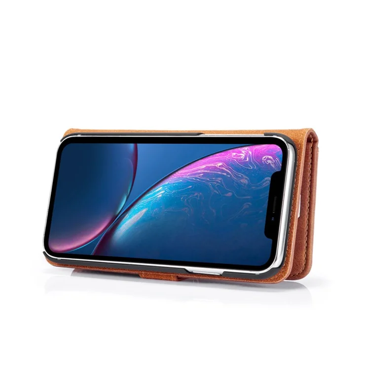 DG.MING Split Leather Wallet Cover for iPhone XR 6.1-inch, Stand Feature Detachable 2-in-1 Flip Case - Brown