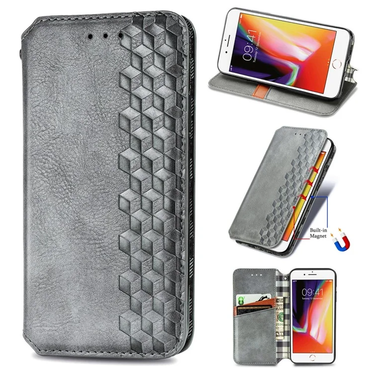 For iPhone 7 / 8 / SE (2020) / SE (2022) PU Leather Case Rhombus Imprint Wallet Stand Phone Cover - Grey