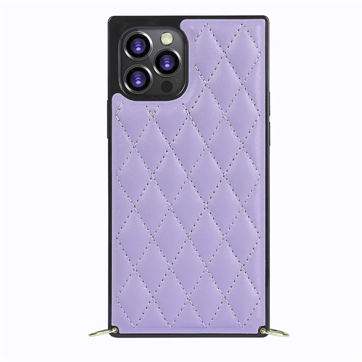 Chain Lanyard Stitching Rhombus Shock-Proof Protective Phone Case for iPhone 12 Pro Max - Light Purple