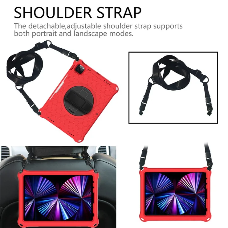 Honeycomb Texture Swivel Kickstand Shoulder Strap + Handy Strap EVA Tablet Cover Case for iPad Pro 11-inch (2022) / (2021) / (2020) / (2018) - Red / Black