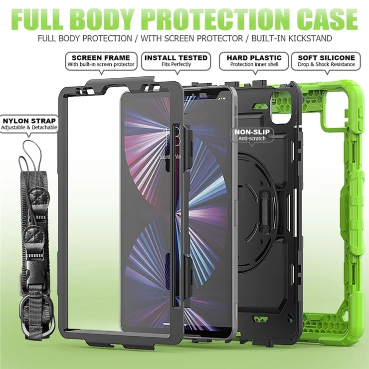 Rugged Heavy Duty PC + Silicone Shockproof 360° Rotating Kickstand Cover with Handle Hand Grip and Shoulder Strap for iPad Pro 11-inch (2021) / (2022) - Green / Black