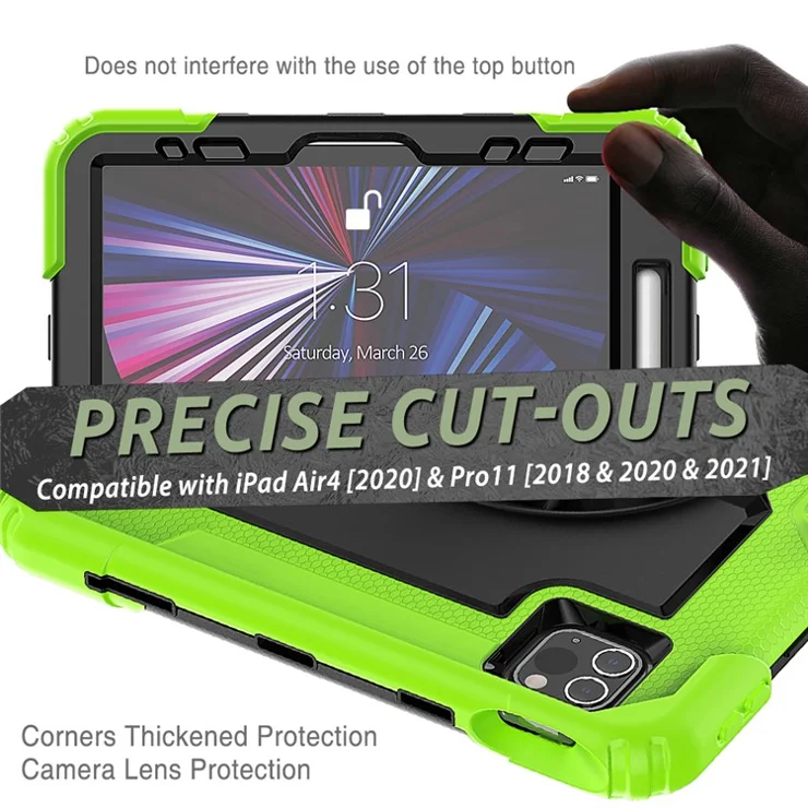 Rugged Heavy Duty PC + Silicone Shockproof 360° Rotating Kickstand Cover with Handle Hand Grip and Shoulder Strap for iPad Pro 11-inch (2021) / (2022) - Green / Black