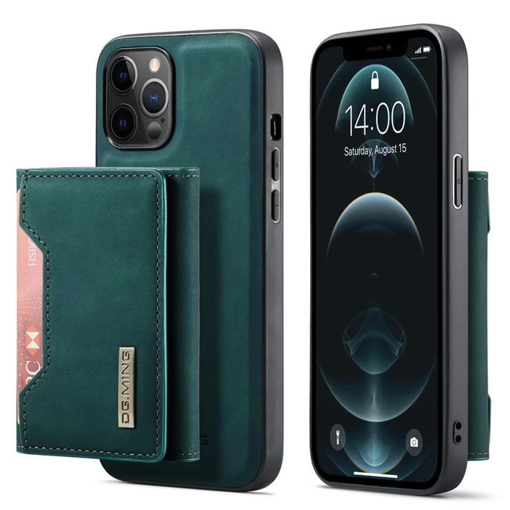 DG.MING M2 Series Kickstand Design Magnetic Tri-fold Wallet Leather Phone Case Shell for iPhone 12 Pro Max 6.7 inch - Green