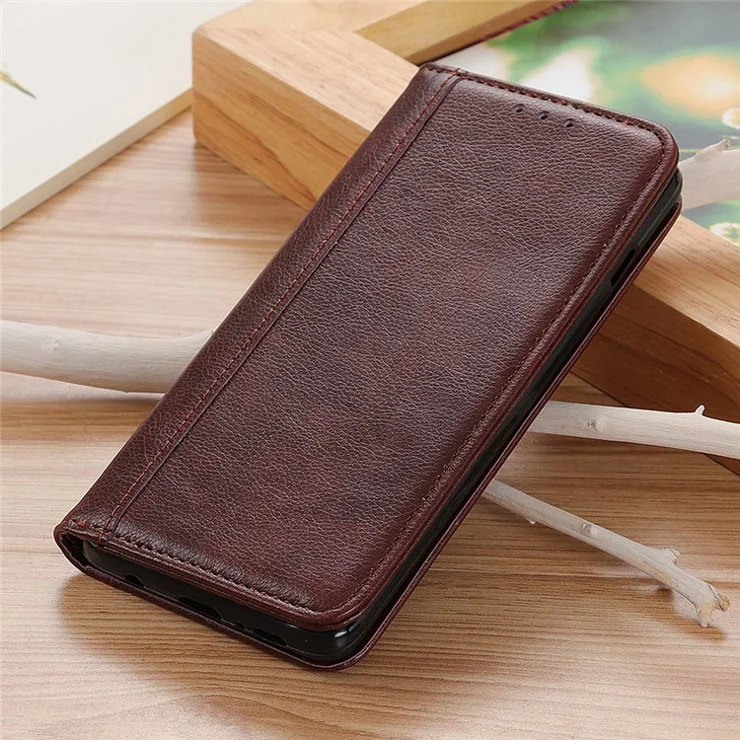 Litchi Texture Split Leather Magnet Absorption Wallet Stand Case Cover for iPhone 13 6.1-inch - Brown