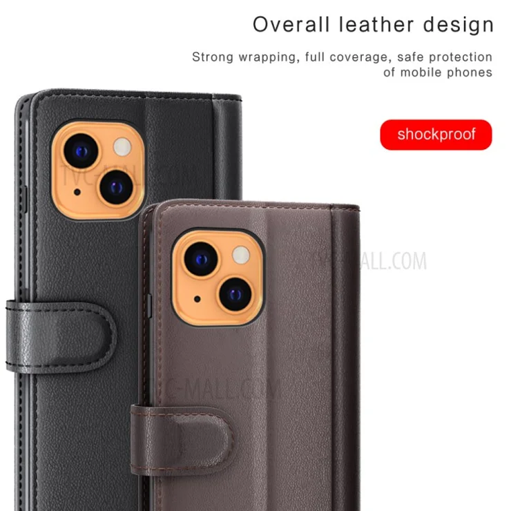 Genuine Leather Stand Wallet Phone Case for iPhone 13 mini 5.4 inch Mobile Phone Accessories - Brown