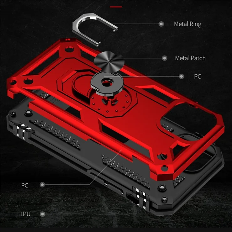 Military Grade Shockproof PC TPU Hybrid Phone Case for iPhone 13 mini 5.4 inch with Car Mount Rotary Ring Kickstand - Red