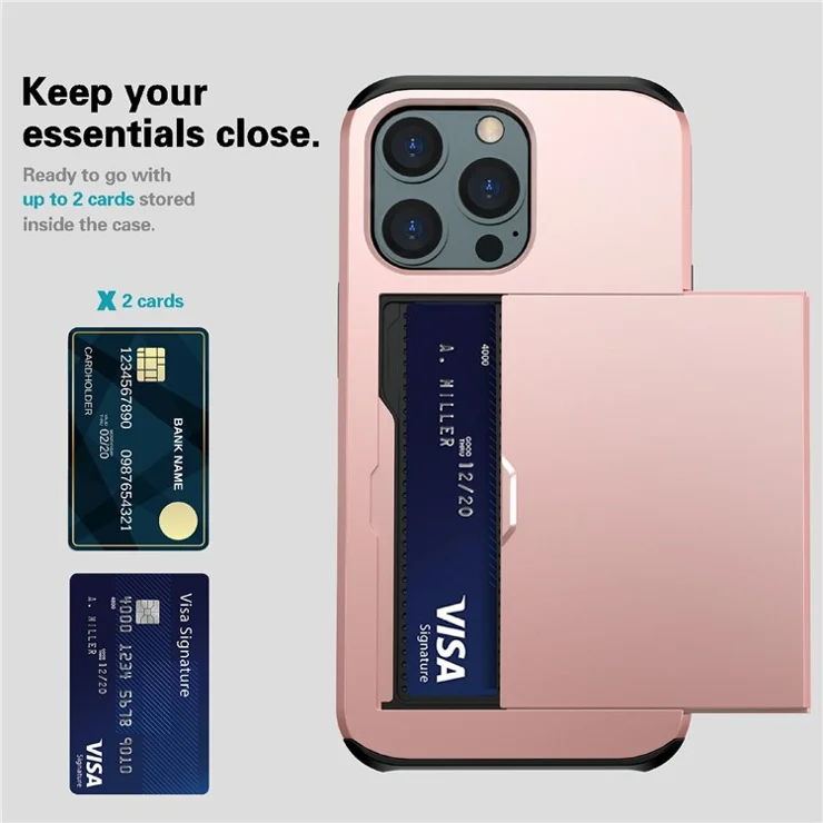 Well-protected Scratch-proof Slide Card Holder PC + TPU Hybrid Back Phone Case for iPhone 13 Pro 6.1 inch - Dark Green