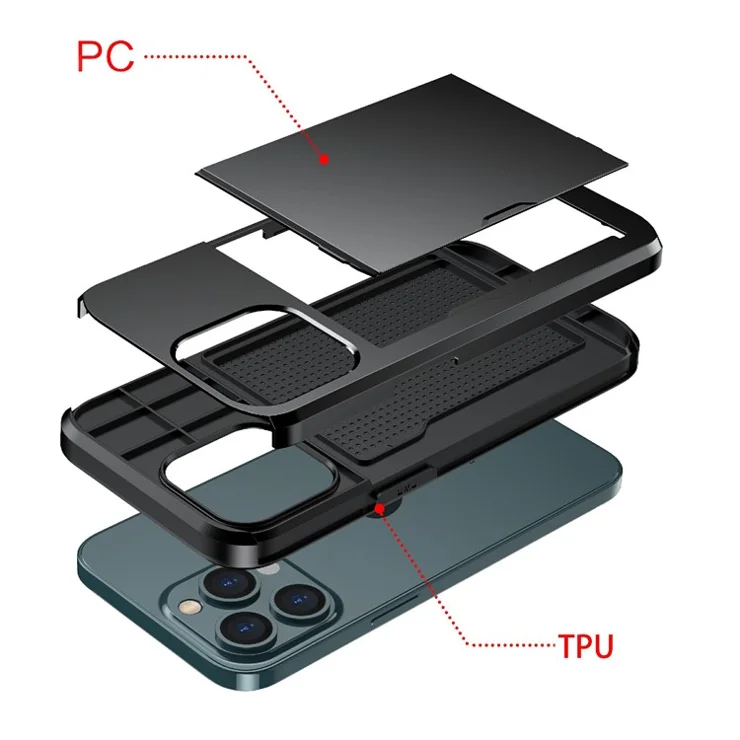 Slide Card Holder Anti-drop protective PC + TPU Hybrid Back Phone Case for iPhone 13 mini 5.4 inch - Silver