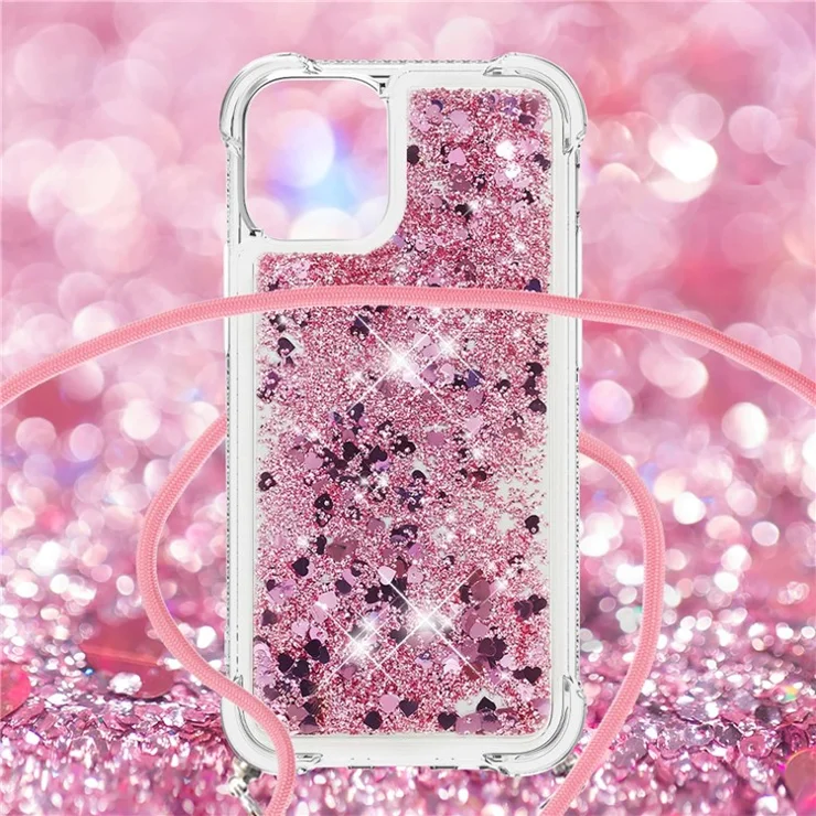 Quicksand Shiny Glitter Anti-drop Mobile Phone TPU Cover with Lanyard for iPhone 13 Pro Max 6.7 inch - Rose Gold Hearts