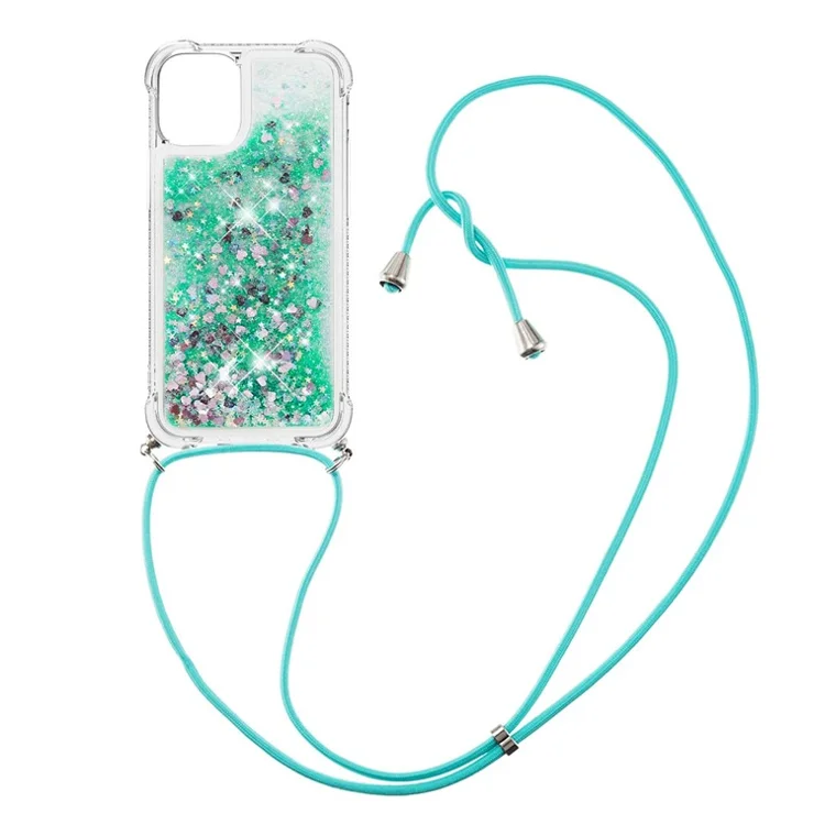 Sparkling Floating Liquid Quicksand Soft TPU Shockproof Protection Bumper Cover with Lanyard for iPhone 13 / 14 - Green Hearts