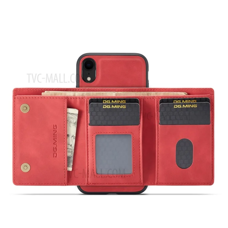 DG.MING M1 Series Phone Shell Hybrid Case with Kickstand and Magnetic Wallet for iPhone XR 6.1 inch - Red