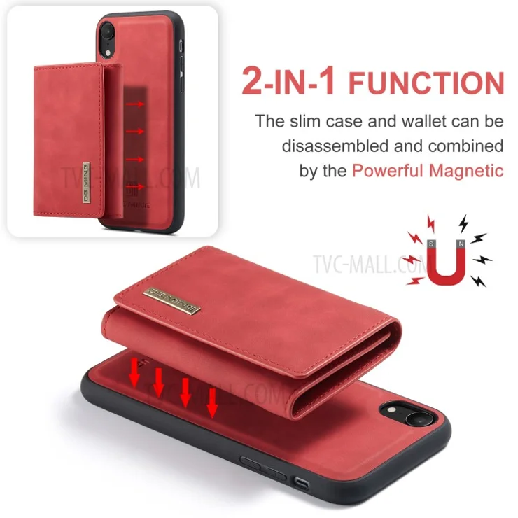 DG.MING M1 Series Phone Shell Hybrid Case with Kickstand and Magnetic Wallet for iPhone XR 6.1 inch - Red