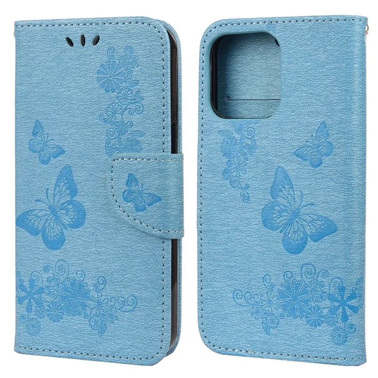 Wallet Leather Case Imprint Butterfly Flower Phone Case with Stand for iPhone 13 Pro 6.1 inch - Blue