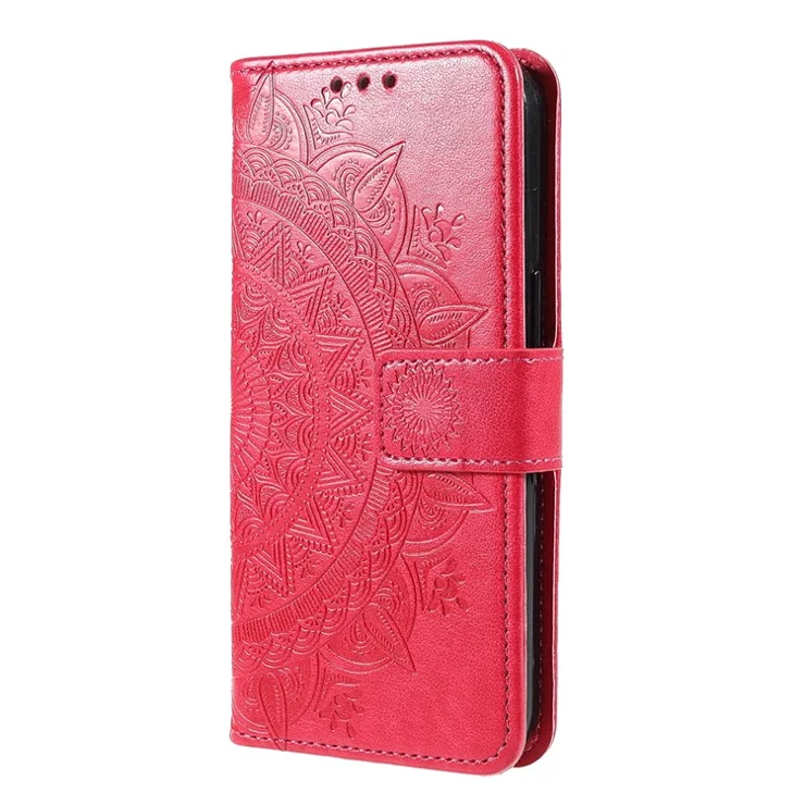 Imprinted Mandala Totem Pattern PU Leather Wallet Cover Slim Magnetic Shockproof Flip Case with Strap for iPhone 13 mini 5.4 inch - Red